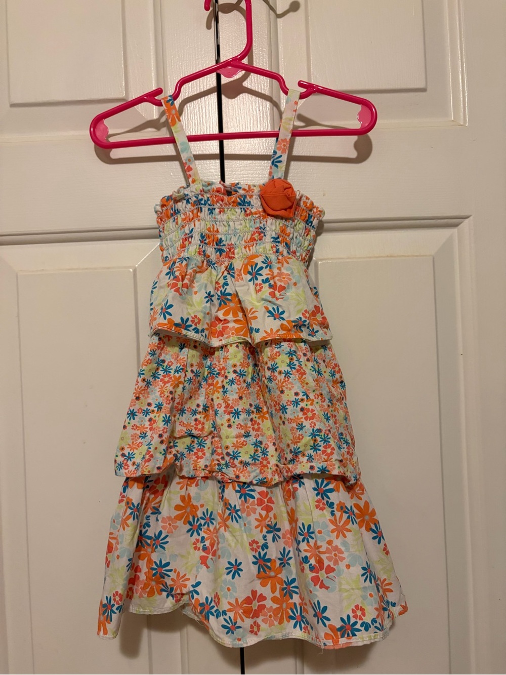 Girls Orange Floral Tiered Sundress with Blue Accents